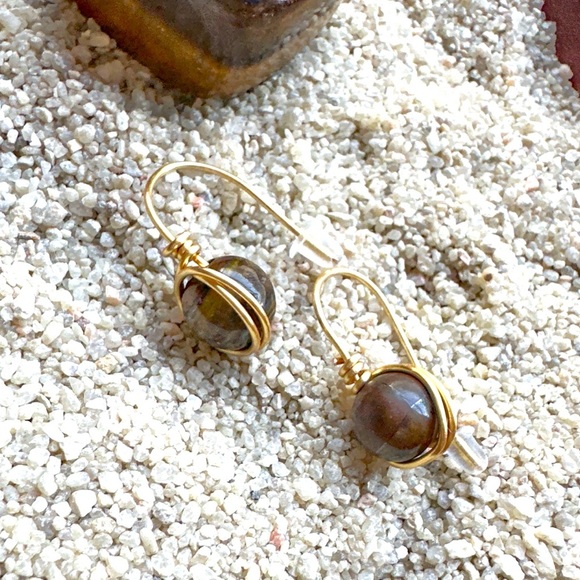 Tigers eye gold drops earrings dangle luxury - Picture 2 of 2